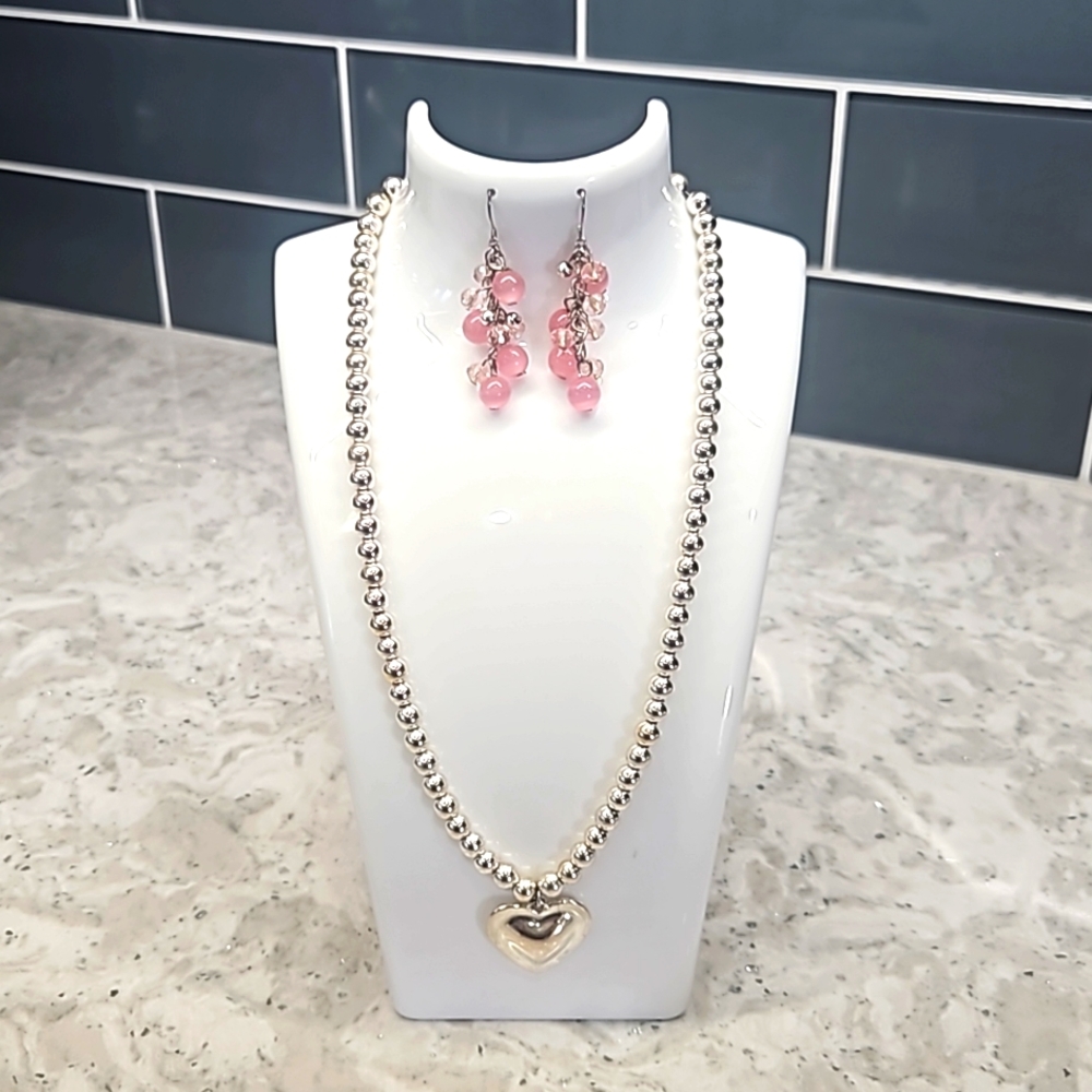 Napier Silver Heart Beaded Necklace with Pink and Clear Beaded Dangle Earrings